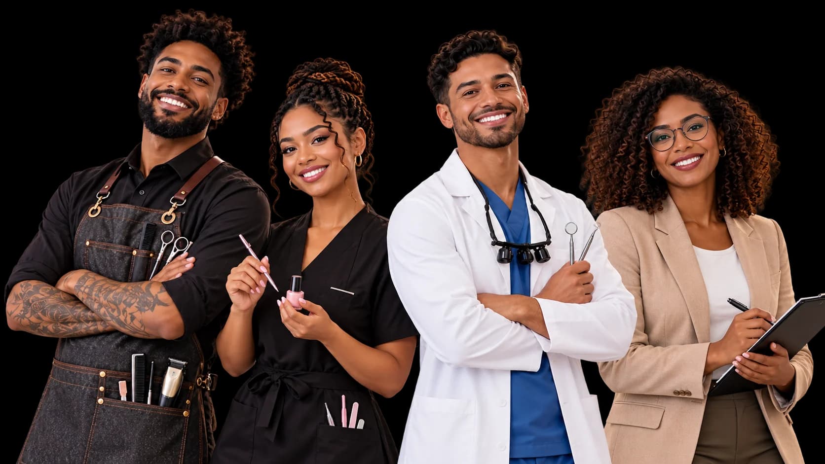 Barbeiro, manicure, dentista e psicóloga representando profissionais que atendem com hora marcada